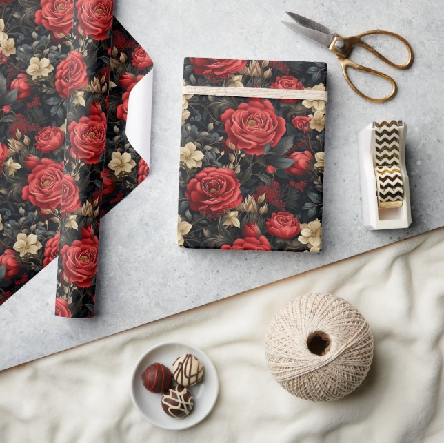 Papier Cadeau Roses rouges romantiques et Fleurs blanches de van (Artisanat)