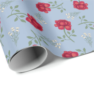 Papier Cadeau Roses rouges sur calicot surdimensionné bleu clair
