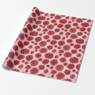 Papier Cadeau Roses Rouges sur Motif Aquarelle Rose
