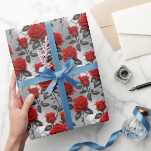 Papier Cadeau Roses Rouges Vibrantes Sur Un Fond Argent Métallis
