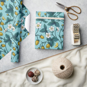 Papier Cadeau Roses sauvages et papillons /rose/vert pâle/jaune