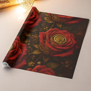 Papier Cadeau Roses Steampunk Luxueuses Engrenages Dorés Romanti