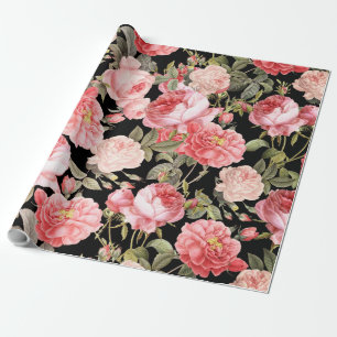 Papier Cadeau Roses victoriens roses sur le motif noir