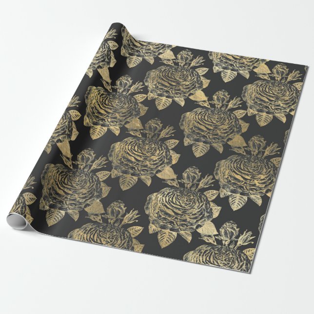 Papier Cadeau Roses vintage or et gris (Déroulé)