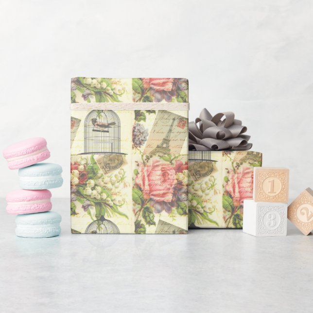 Papier Cadeau Roses vintages et oiseaux en cage (Baby Shower)