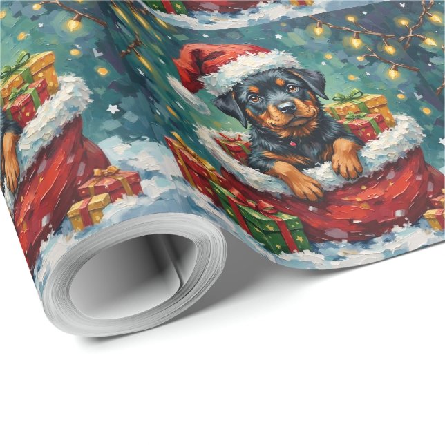 Papier Cadeau Rottweiler Christmas Santa Bag Adventure (Coin rond)