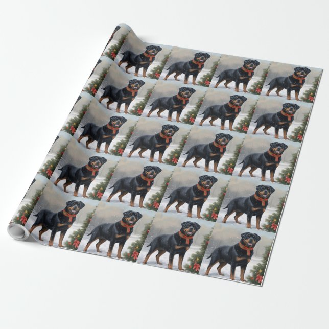 Papier Cadeau Rottweiler dans la neige Noël (Déroulé)