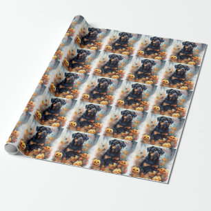Papier Cadeau Rottweiler d'Halloween avec citrouilles effrayant