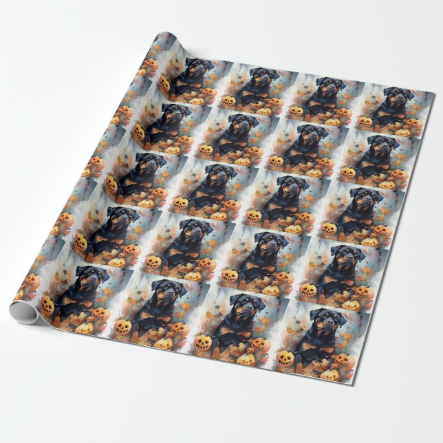 Papier Cadeau Rottweiler d'Halloween avec citrouilles effrayant (Déroulé)