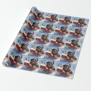 Papier Cadeau Rottweiler en traîneau 'Qu'il neige' Noël