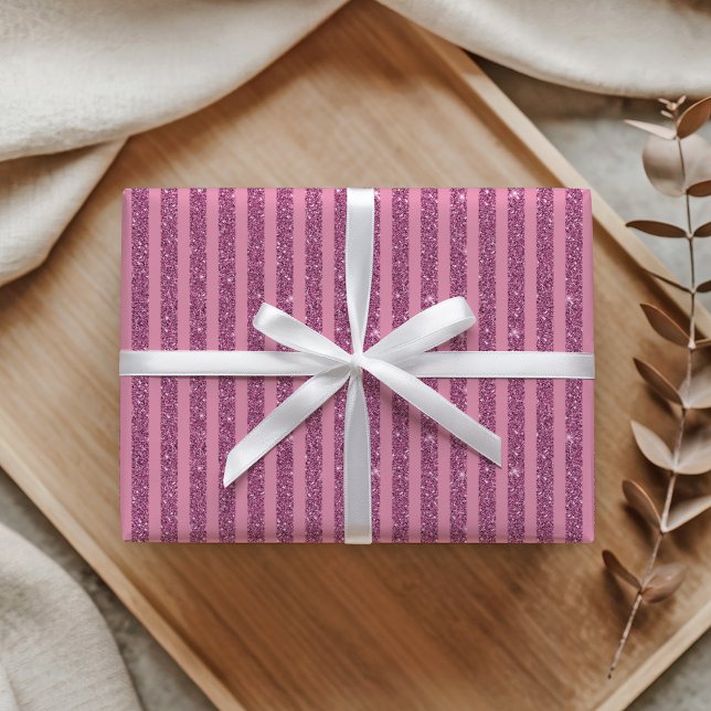 Papier Cadeau Rouge à lèvres chic rose pailleté rayures vertical (Créateur téléchargé)