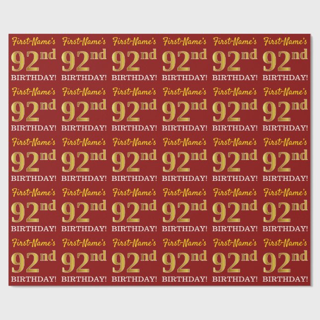 Papier Cadeau Rouge, aspect or imitation "92e ANNIVERSAIRE" (Plat)