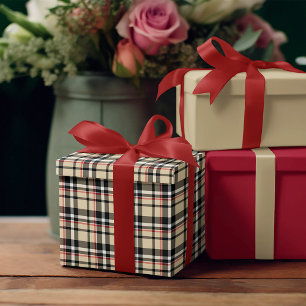 Papier Cadeau Rouge Beige Noir Blanc Carrés Tartan Plaid Motif