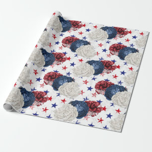 Papier Cadeau Rouge Blanc et Bleu Fête d'Indépendance Floral