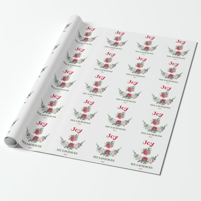 Papier Cadeau Rouge Blanc Noël Floral Joie Fêtes Monogramme (Déroulé)