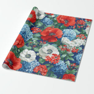 Papier Cadeau Rouge Bleu Blanc Floral Patriotique (1)