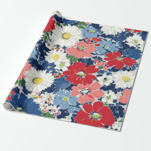 Papier Cadeau Rouge Bleu Blanc Floral Patriotique (3)