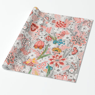 PAPIER CADEAU ROUGE BLEU JAUNE FLEURS SAUVAGES TULIPES, FEUILLES