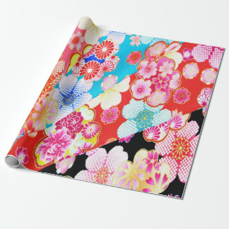 Papier Cadeau Rouge bleu rose japonais Kimono Floral Découpage