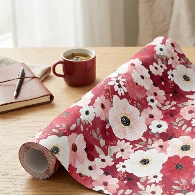 Papier Cadeau Rouge Bourgogne et Fleur d'Anémone Rose (Elegant burgundy and blush anemone wrapping paper for a sophisticated birthday gift.)