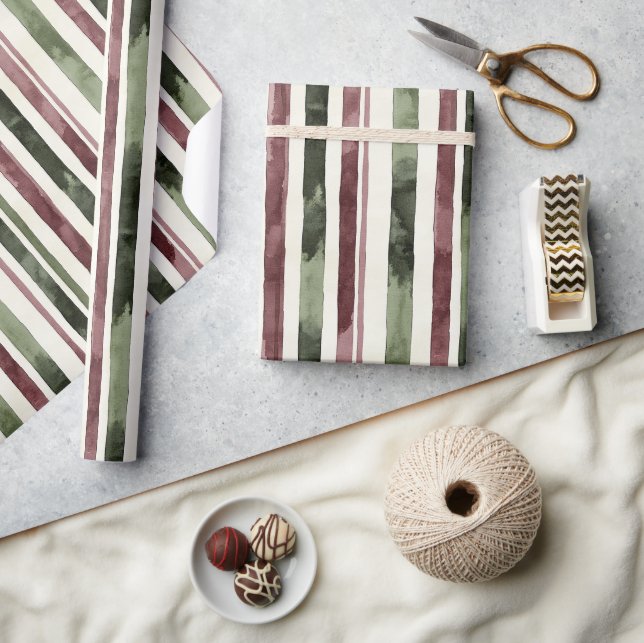 Papier Cadeau Rouge Bourgogne Vert Crème Rayures Noël (Artisanat)