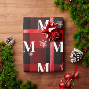 Papier Cadeau Rouge Carreaux & Flocons Monogramme Initiale Hiver