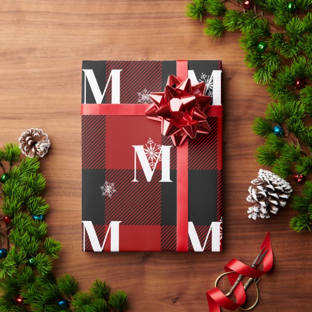 Papier Cadeau Rouge Carreaux & Flocons Monogramme Initiale Hiver (Cadeau de vacances)