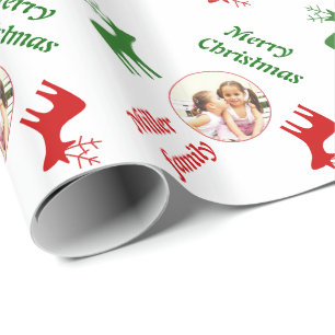 Papier Cadeau Rouge, cerf vert et nom photo de Noël