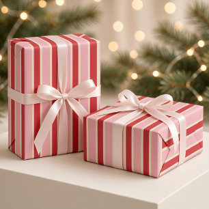 Papier Cadeau Rouge Cerise Rose Clair Rayé Noël