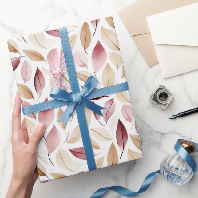 Papier Cadeau Rouge Créme Doré Feuilles Rouges Anniversaire (Cadeaux)
