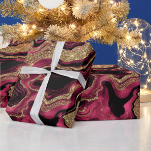 Papier Cadeau Rouge élégant et paillettes dorées Anniversaire Ag