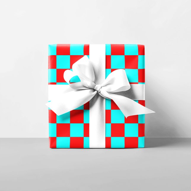 Papier Cadeau Rouge et Aqua À damiers Carré (Red and Aqua Checkered Squares Wrapping Paper)