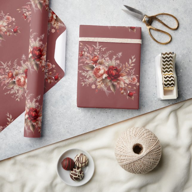 Papier Cadeau Rouge et pêche Blush floral  (Artisanat)
