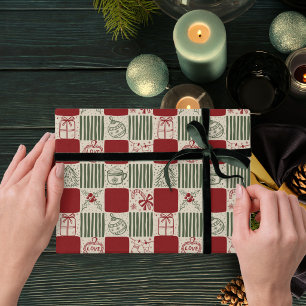 Papier Cadeau Rouge et vert dessiné à la main rétro checks Noël