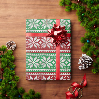 Papier Cadeau Rouge et vert Noël Flocon de neige Tricoté Fêtes