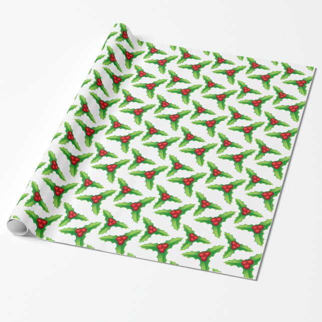 Papier Cadeau Rouge et vert Noël Holly Berries et Feuilles (Déroulé)