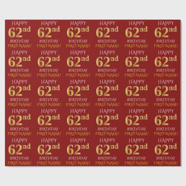 Papier Cadeau Rouge, Faux Gold "HAPPY 62nd BIRTHDAY" (Plat)