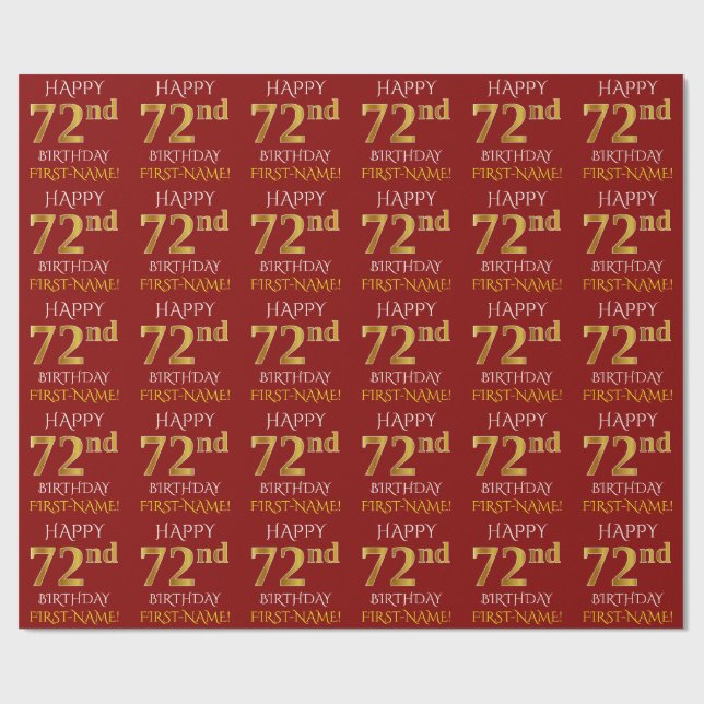 Papier Cadeau Rouge, Faux Gold "HAPPY 72nd BIRTHDAY" (Plat)
