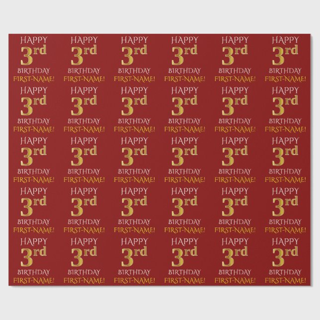 Papier Cadeau Rouge, Faux Gold "HEUREUX 3e anniversaire" (Plat)