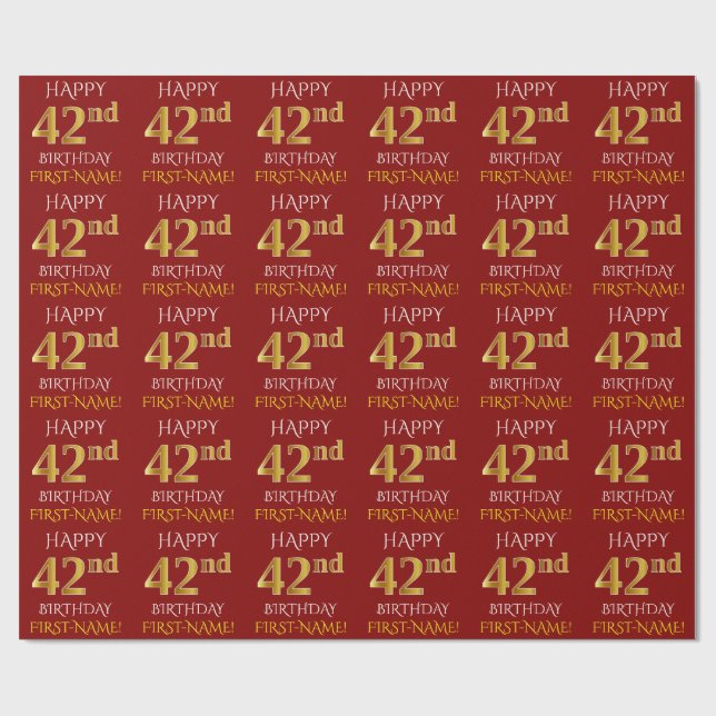 Papier Cadeau Rouge, Faux Gold "HEUREUX 42e anniversaire" (Plat)