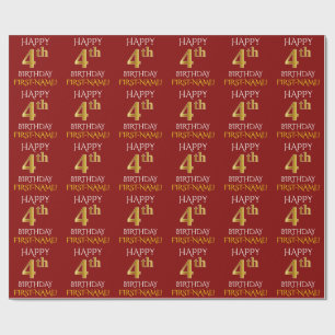 Papier Cadeau Rouge, Faux Gold "HEUREUX 4ème anniversaire"