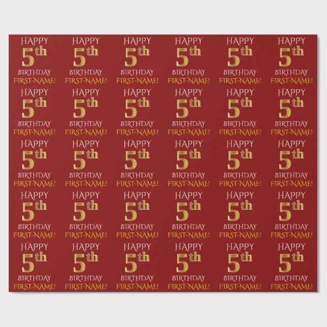 Papier Cadeau Rouge, Faux Gold "HEUREUX 5e anniversaire" (Plat)