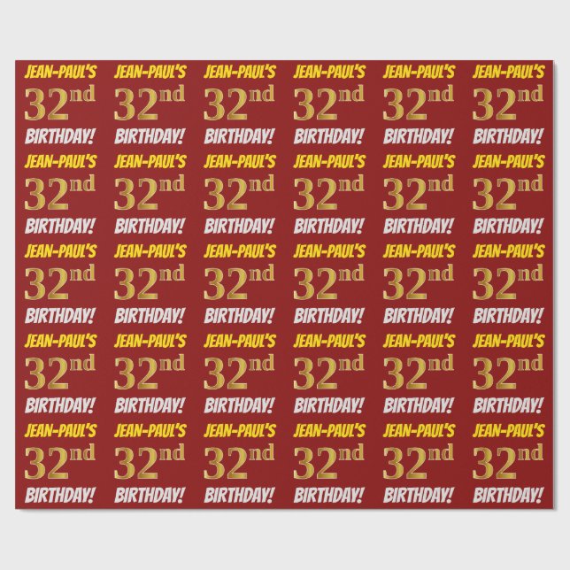 Papier Cadeau Rouge, Faux/Imitation Gold, "32e anniversaire" (Plat)