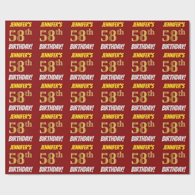 Papier Cadeau Rouge, Faux/Imitation Gold, "58e anniversaire" (Plat)