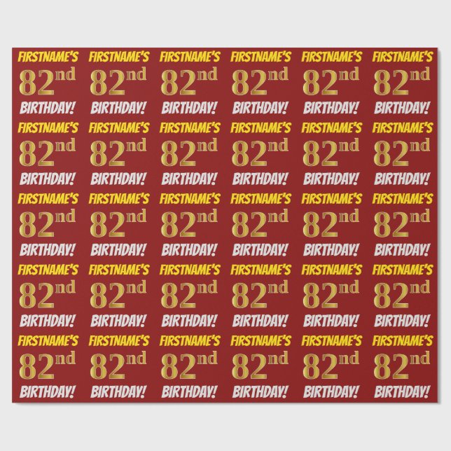 Papier Cadeau Rouge, Faux/Imitation Gold, "82e anniversaire" (Plat)