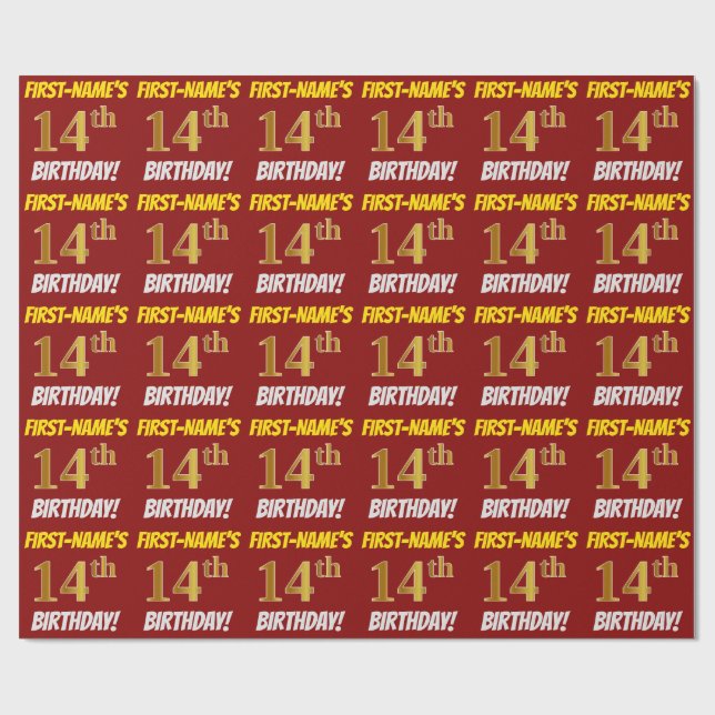 Papier Cadeau Rouge, Faux/Imitation Or, "14e anniversaire" (Plat)