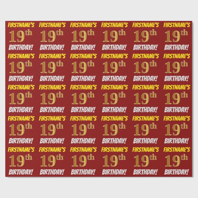 Papier Cadeau Rouge, Faux/Imitation Or, "19e ANNIVERSAIRE" (Plat)