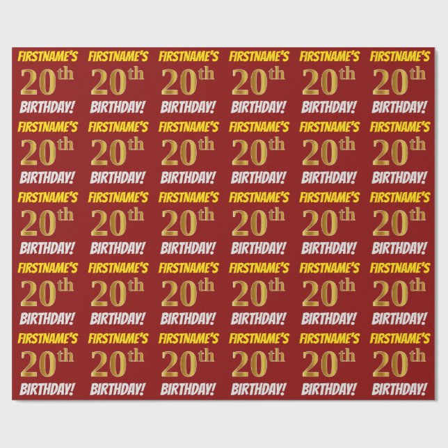 Papier Cadeau Rouge, Faux/Imitation Or, "20e ANNIVERSAIRE" (Plat)