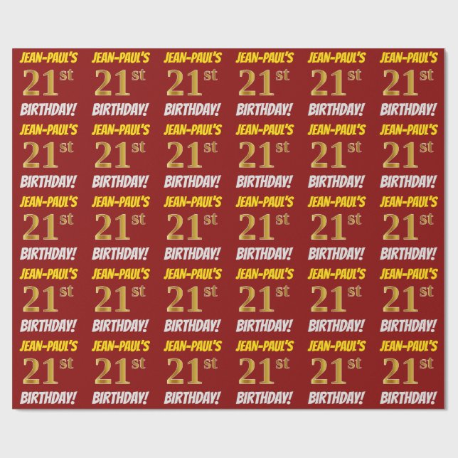 Papier Cadeau Rouge, Faux/Imitation Or, "21e ANNIVERSAIRE" (Plat)