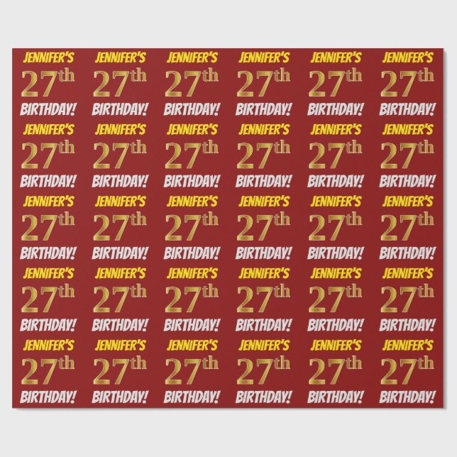 Papier Cadeau Rouge, Faux/Imitation Or, "27e anniversaire" (Plat)